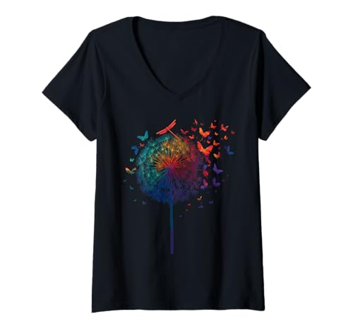 Damen Regenbogen Pusteblumen Libellen Minimalistisch Schmetterling T-Shirt mit V-Ausschnitt von Minimalistische Sommer Blumen für Blumenliebhaber