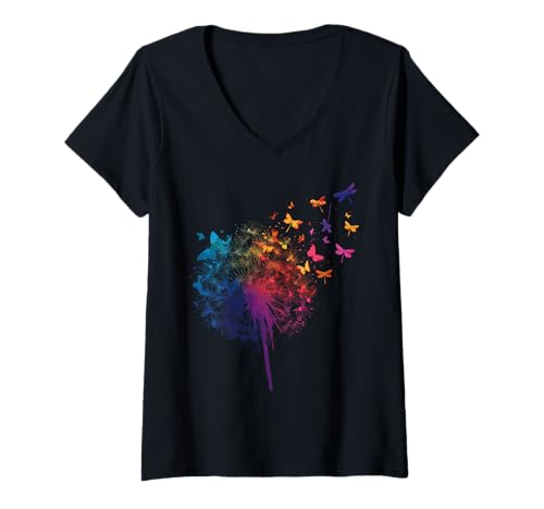 Damen Regenbogen Pusteblumen Libellen Minimalistisch Schmetterling T-Shirt mit V-Ausschnitt von Minimalistische Sommer Blumen für Blumenliebhaber