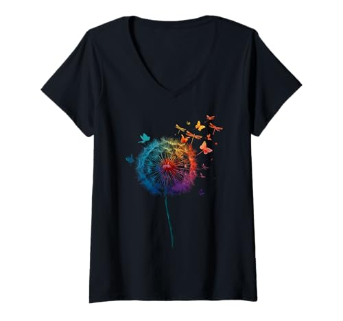 Damen Regenbogen Pusteblumen Libellen Minimalistisch Schmetterling T-Shirt mit V-Ausschnitt von Minimalistische Sommer Blumen für Blumenliebhaber