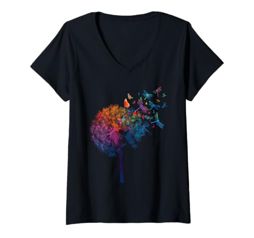 Damen Regenbogen Pusteblumen Libellen Minimalistisch Schmetterling T-Shirt mit V-Ausschnitt von Minimalistische Sommer Blumen für Blumenliebhaber