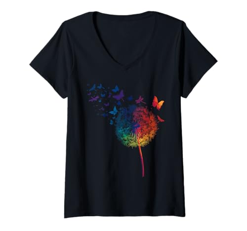 Damen Regenbogen Pusteblumen Libellen Minimalistisch Schmetterling T-Shirt mit V-Ausschnitt von Minimalistische Sommer Blumen für Blumenliebhaber