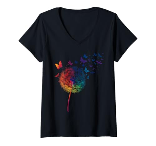 Damen Regenbogen Pusteblumen Libellen Minimalistisch Schmetterling T-Shirt mit V-Ausschnitt von Minimalistische Sommer Blumen für Blumenliebhaber