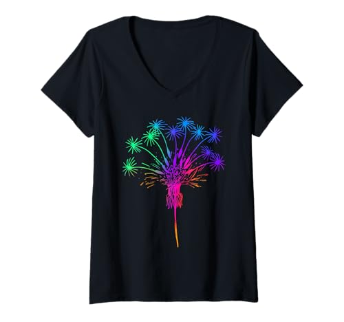 Damen Regenbogen Pusteblumen Wildblumen Löwenzahn Minimalistisch T-Shirt mit V-Ausschnitt von Minimalistische Sommer Blumen für Blumenliebhaber