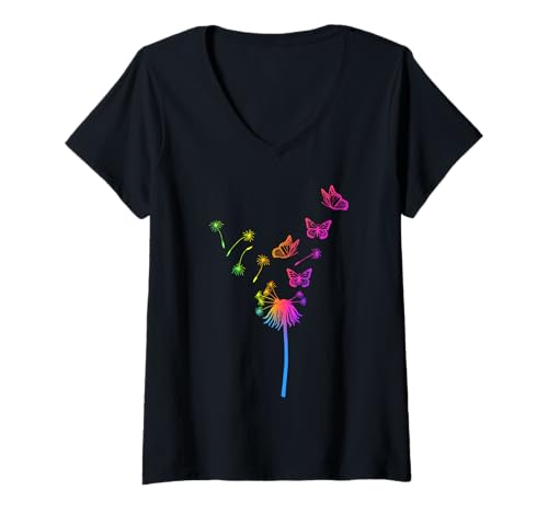 Damen Regenbogen Pusteblumen Wildblumen Löwenzahn Schmetterling T-Shirt mit V-Ausschnitt von Minimalistische Sommer Blumen für Blumenliebhaber