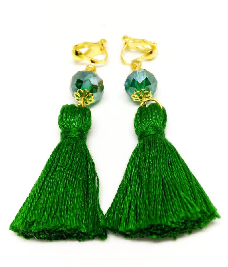 Grün Quaste Ohrringe Ohrclips Kristall Clip Handgemachte Glas von Minimice29