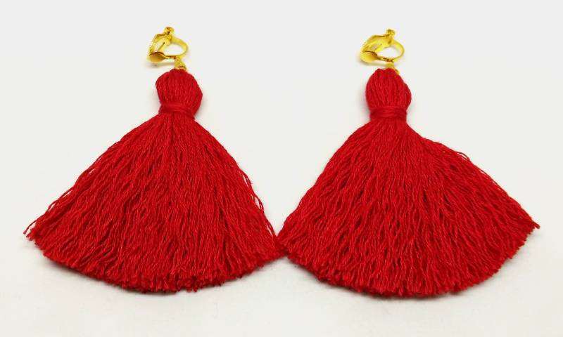 Rote Quaste Ohrringe Ohrclips Handgefertigte Lange Clip Fransen von Minimice29