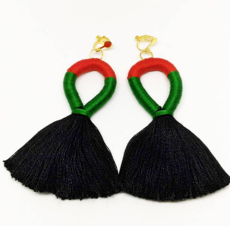 Schwarz Quaste Ohrringe Clip Auf Grün Handgemachte Lange von Minimice29