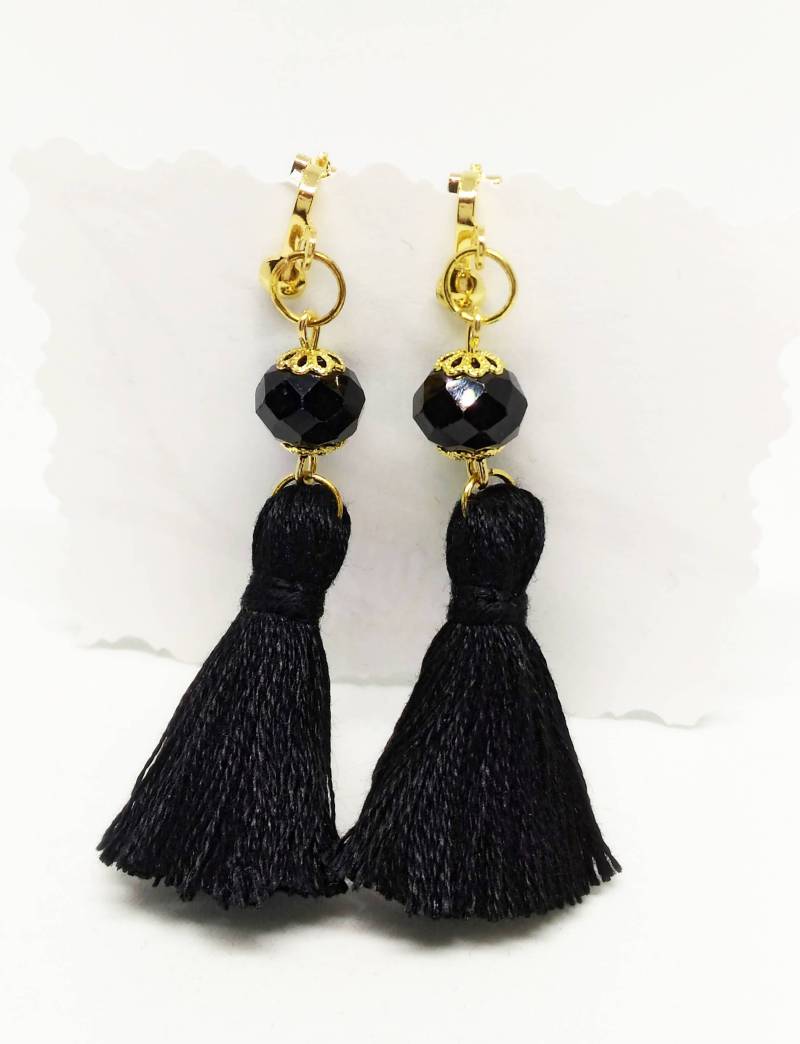 Schwarz Quaste Ohrringe Kristall Glas Clip Auf Fransen Handgefertigte von Minimice29