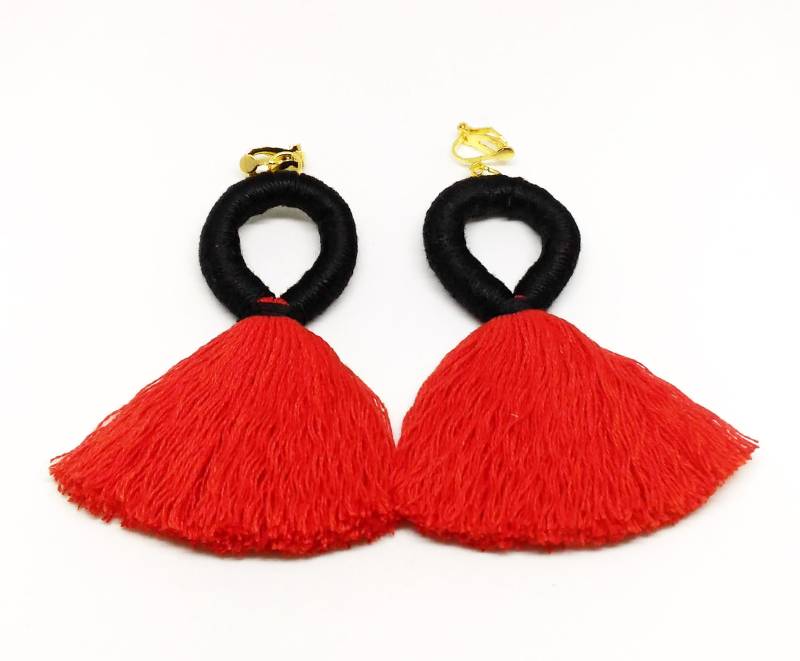 Schwarz Und Rot Quaste Ohrringe Clip Ohrclips Handgemachte Lange von Minimice29