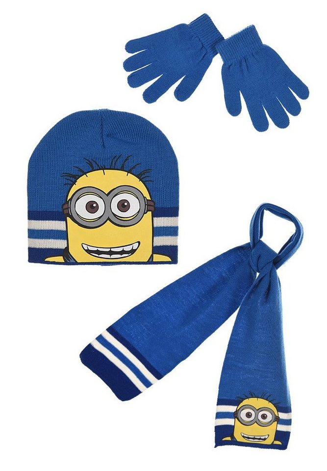 Minions Beanie Kinder Jungen Winter-Set Mütze, Schal und Handschuhe (SET) Blau von Minions