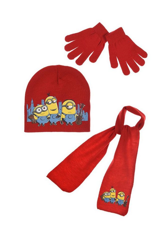 Minions Beanie Kinder Mädchen Winter-Set Mütze, Schal, Handschuhe (SET) Rot von Minions