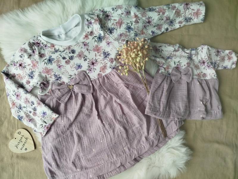 Langarmshirt/Tunika "Blumen" 80-152 Optional Partnerlook Puppenkleid 30-50 cm von Minischnecke