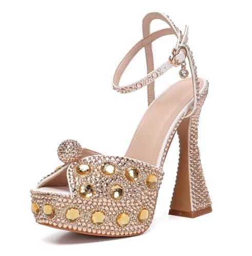 Minishion Damen Plateauschuhe Hochzeitsschuhe Slingback High Heel Party Abend Sandalen mit Perle, Lh151 Goldfarbener Absatz, 14 cm, 38 EU von Minishion