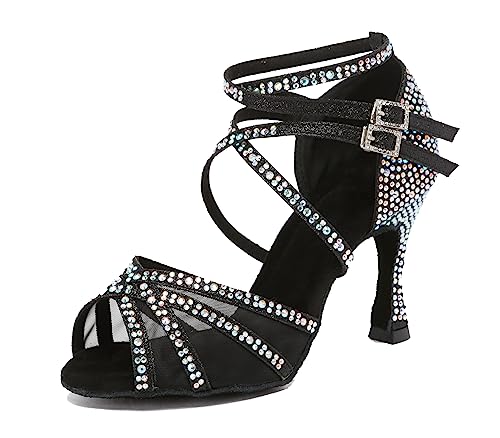 Minishion Kristalle Tanzen Sandalen High Heel Frauen Latein Tanzschuhe L373, L508 Schwarz 9 cm Absatz, 41 EU von Minishion