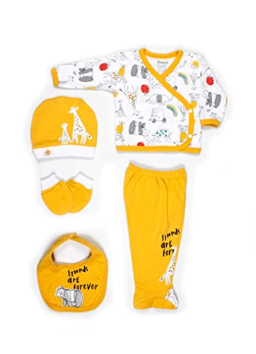 Friends are Forever 5-tlg, Neugeborenen Baby Bekleidung Set aus Baumwolle, Langarm Oberteile, mit Strampelhose, Mütze, Lätzchen, HandschuheJungen und Mädchen 0-3 Monate Gr. 56/62 (Gelb) von Miniworld