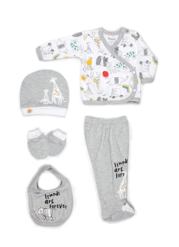 Neugeborenen Baby Bekleidung Set mit 5 teilen aus Baumwolle, Langarm Oberteile, Strampelhose, Mütze, Lätzchen, Handschuhe Jungen und Mädchen 0-3 Monate Gr. 56/62 (Grau) von Miniworld