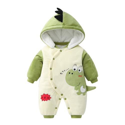 Baby Overall Mit Kapuze Füßlinge Strampler Schneeanzüge Karikatur Jumpsuit Unisex Winter Kleidungsset 9-12 Monate Grüner Dinosaurier von Minizone