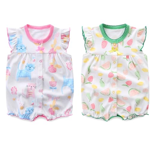 Minizone Baby Pyjama 2er Pack - Kurzarm Strampler Sommer Jumpsuits Mädchen Spielanzug für Neugeborenes 3-6 Monate, GrünKatze von Minizone