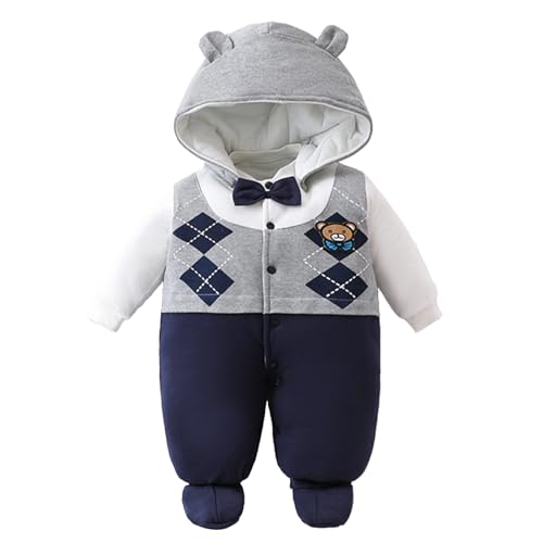 Minizone Baby Strampler Winter Schneeanzug mit Kapuze Jungen Mädchen Overall Baumwolle Abnehmbarer Hut Outfits Langarm Jumpsuit Geschenk 3-6 Monate Grau von Minizone