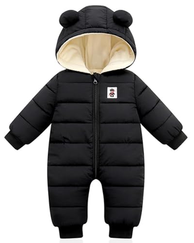 Minizone Baby Winter Overall mit Kapuze, Strampler Schneeanzug Jungen Mädchen Langarm Jumpsuit Warm Outfits Geschenk 12-18 Monate Schwarz von Minizone