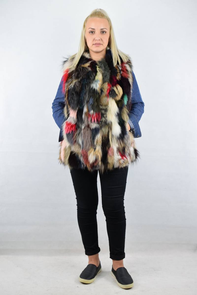 Echtpelz Fuchs Multicolor Weste Ohne Kragen Geradlinige Passform Warmes Kleidungsstück, Alle Größen von MinkGlamourFur