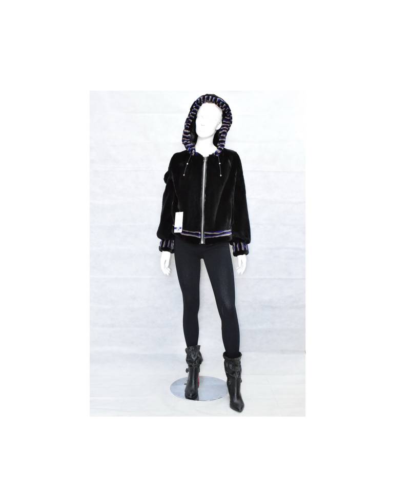 Frauen Pelz Nerz Bomberjacke Mit Kapuze, Schwarze Farbe Grau Lila Details von MinkGlamourFur