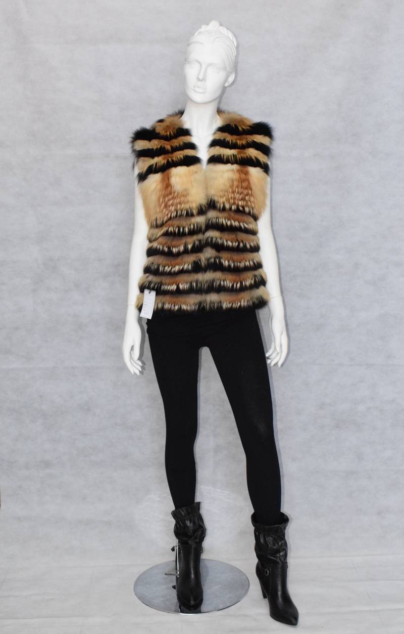 Handgefertigte Fuchsweste Schwarz & Goldfarbene Weste Mit V-Ausschnitt von MinkGlamourFur