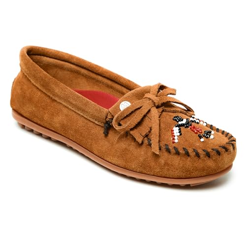 Minnetonka Damen Thunderbird "Animikii" Hardsole - Mokassins für Frauen mit klassischer Leder-Mokassin-Silhouette, gepolstertem Fußbett und Perlen-Mokassin-Design, Braun, 40 EU Weit von Minnetonka