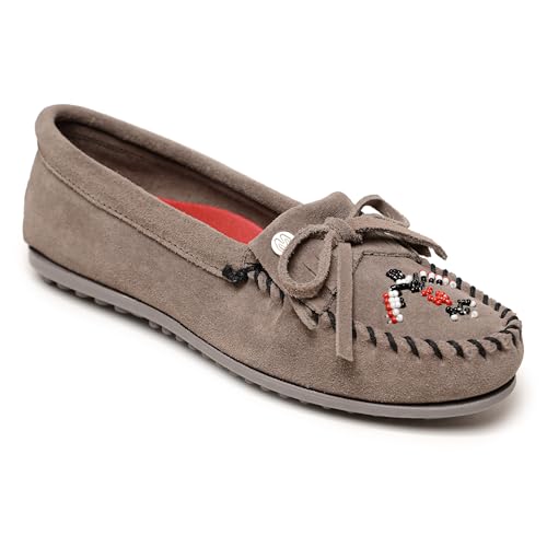 Minnetonka Damen Thunderbird "Animikii" Hardsole - Mokassins für Frauen mit klassischer Leder-Mokassin-Silhouette, gepolstertem Fußbett und Perlen-Mokassin-Design, GRAU, 38 EU von Minnetonka