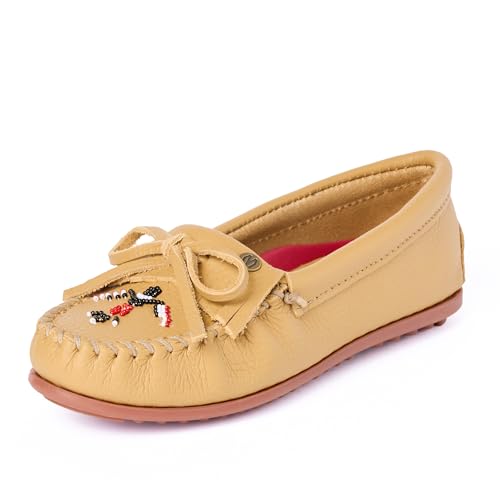 Minnetonka Damen Thunderbird "Animikii" Hardsole - Mokassins für Frauen mit klassischer Leder-Mokassin-Silhouette, gepolstertem Fußbett und Perlen-Mokassin-Design, Natürlich, 8.5 von Minnetonka