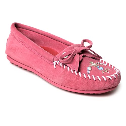 Minnetonka Damen Thunderbird "Animikii" Hardsole - Mokassins für Frauen mit klassischer Leder-Mokassin-Silhouette, gepolstertem Fußbett und Perlen-Mokassin-Design, Pink, 39 EU von Minnetonka
