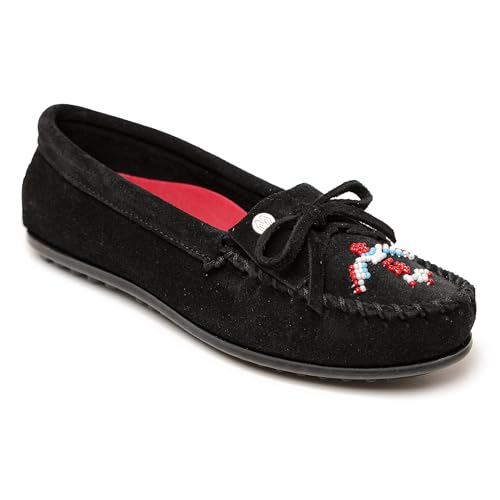 Minnetonka Damen Thunderbird "Animikii" Hardsole - Mokassins für Frauen mit klassischer Leder-Mokassin-Silhouette, gepolstertem Fußbett und Perlen-Mokassin-Design, Schwarz, 39 EU von Minnetonka
