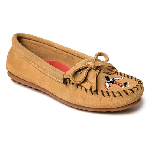 Minnetonka Damen Thunderbird "Animikii" Hardsole - Mokassins für Frauen mit klassischer Leder-Mokassin-Silhouette, gepolstertem Fußbett und Perlen-Mokassin-Design, Taupe, 39 EU von Minnetonka