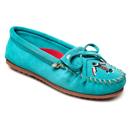 Minnetonka Damen Thunderbird "Animikii" Hardsole - Mokassins für Frauen mit klassischer Leder-Mokassin-Silhouette, gepolstertem Fußbett und Perlen-Mokassin-Design, Türkis/Ausflug, einfarbig (Getaway von Minnetonka