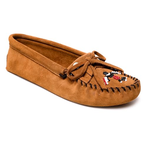 Minnetonka Damen Thunderbird "Animikii" Softsole - Mokassins mit weicher Sohle für Frauen mit klassischer Leder-Mokassin-Silhouette, gepolstertem Fußbett und Perlen-Mokassin-Design, Braun, 39 EU von Minnetonka