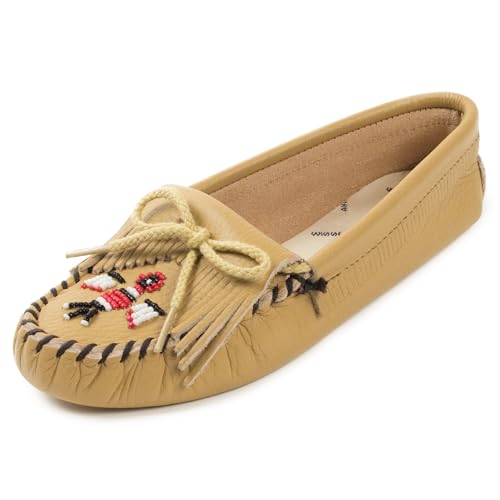 Minnetonka Damen Thunderbird "Animikii" Softsole - Mokassins mit weicher Sohle für Frauen mit klassischer Leder-Mokassin-Silhouette, gepolstertem Fußbett und Perlen-Mokassin-Design, Natürlich, 38 EU von Minnetonka