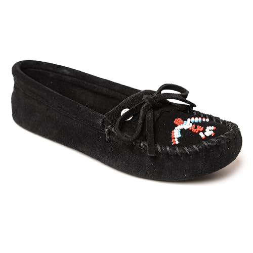 Minnetonka Damen Thunderbird "Animikii" Softsole - Mokassins mit weicher Sohle für Frauen mit klassischer Leder-Mokassin-Silhouette, gepolstertem Fußbett und Perlen-Mokassin-Design, Schwarz, 42 EU von Minnetonka