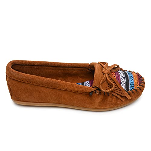 Minnetonka Kilty Damen-Mokassins, Blau - Brown Suede/Arizona Fabric - Größe: 39 1/3 von Minnetonka