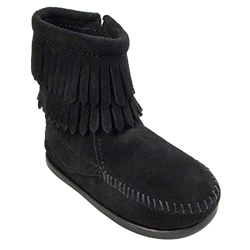 Minnetonka Jungen Unisex Kinder Double Fringe Side Zip Boot Mokassin Stiefel, Schwarz (Black), 25.5 EU von Minnetonka