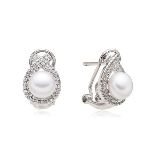 MINOPLATA Brautohrringe aus rhodiniertem Silber mit Mikrozirkonia und Zuchtperlen, Omega-Verschluss von Minoplata