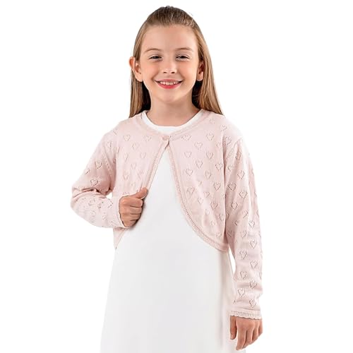 Minora Baby/Kind Bolero Taufweste Strickwaren Mädchen Langarm Knopfdetail am Kragen 3-10 Jahre (DE/NL/SE/PL, Alter, 3 Jahre, 4 Jahre, Regular, Puder-ajur_Herzig) von Minora