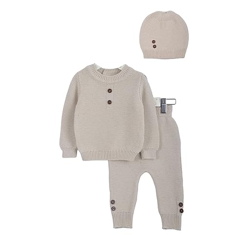 Minora Baby Winter Kleidungs Set | Hose, Pullover und Mütze für Jungen und Mädchen | Langarm Tops und Hose Sweatsuit Outfits Kleidung | Oberteile und Hosen | Beige - Geknöpft | 0-3 Monate von Minora