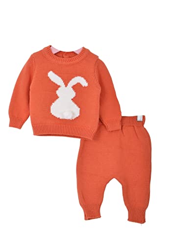 Minora Baby Kleidung Hose und Pullover Outfit Set - Gestricktes Winterbekleidungs Set mit Hasenmuster für Jungen und Mädchen - Set mit langärmligen Sweatshirts und Hosen, Orange, 6-9 Monate von Minora