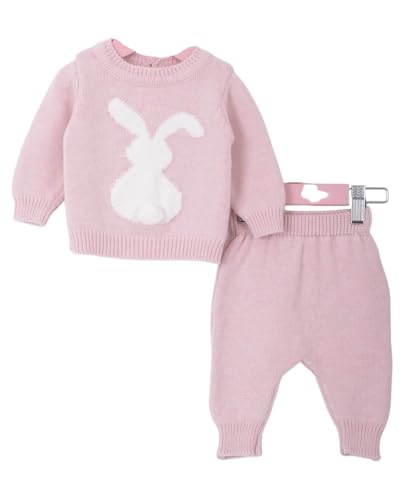 Minora Baby Kleidung Hose und Pullover Outfit Set - Gestricktes Winterbekleidungs Set mit Hasenmuster für Jungen und Mädchen - Set mit langärmligen Sweatshirts und Hosen, Rosa, 1-3 Monate von Minora