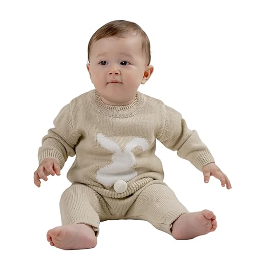 Minora Baby Kleidung Hose und Pullover Outfit Set - Gestricktes Winterbekleidungs Set mit Hasenmuster für Jungen und Mädchen - Set mit langärmligen Sweatshirts und Hosen, Beige, 3-6 Monate von Minora