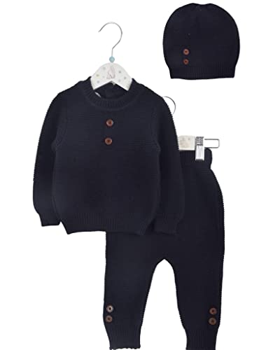 Minora Baby Winter Kleidungs Set | Hose, Pullover und Mütze für Jungen und Mädchen | Langarm Tops und Hose Sweatsuit Outfits Kleidung | Oberteile und Hosen | Navy blau- Geknöpft | 0-3 Monate von Minora