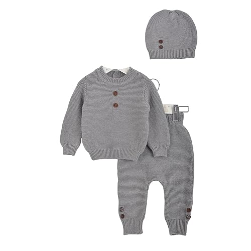 Minora Baby Winter Kleidungs Set | Hose, Pullover und Mütze für Jungen und Mädchen | Langarm Tops und Hose Sweatsuit Outfits Kleidung | Oberteile und Hosen | Grau - Geknöpft | 3-6 Monate von Minora