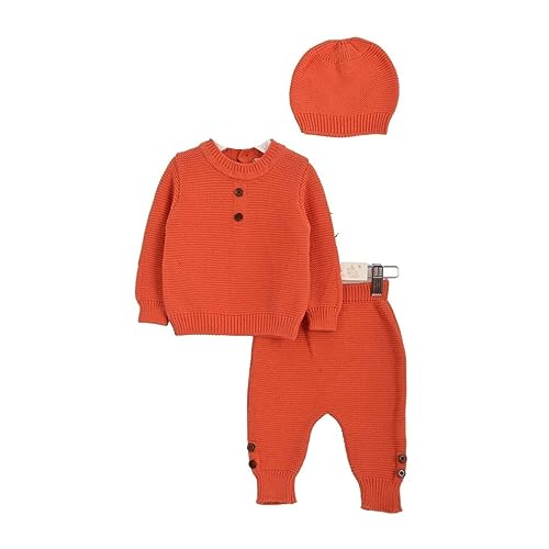 Minora Baby Winter Kleidungs Set | Hose, Pullover und Mütze für Jungen und Mädchen | Langarm Tops und Hose Sweatsuit Outfits Kleidung | Oberteile und Hosen | Orange - Geknöpft | 6-9 Monate von Minora