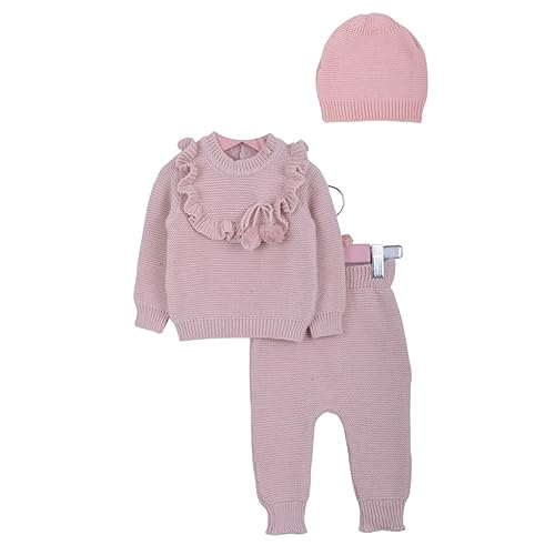 Minora Baby Winter Kleidungs Set | Hose, Pullover und Mütze für Jungen und Mädchen | Langarm Tops und Hose Sweatsuit Outfits Kleidung | Oberteile und Hosen | Pulver - Rüschen | 3-6 Monate von Minora