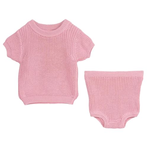Minora Exquisites Baby Strick-Set, Baumwolle, Kurzarm-Pullover und Shorts, Leicht und Modisch, Baby Mädchen Jungen Outfit, Pulver, 6-9 Monate von Minora